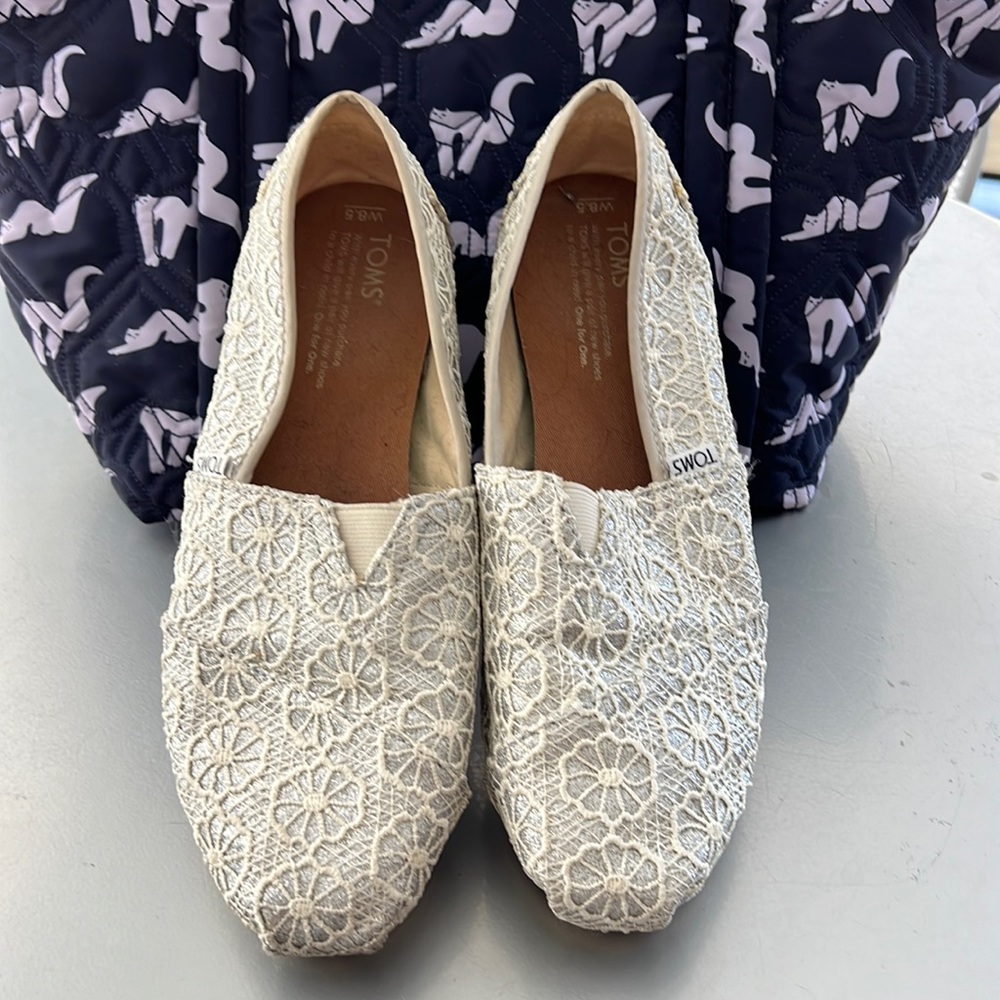 Tom’s Silver and Cream lace alpargatas